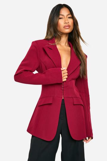 Seam Detail Cinched Waist Fitted Blazer cherry