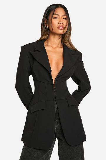 Seam Detail Cinched Waist Fitted Blazer black