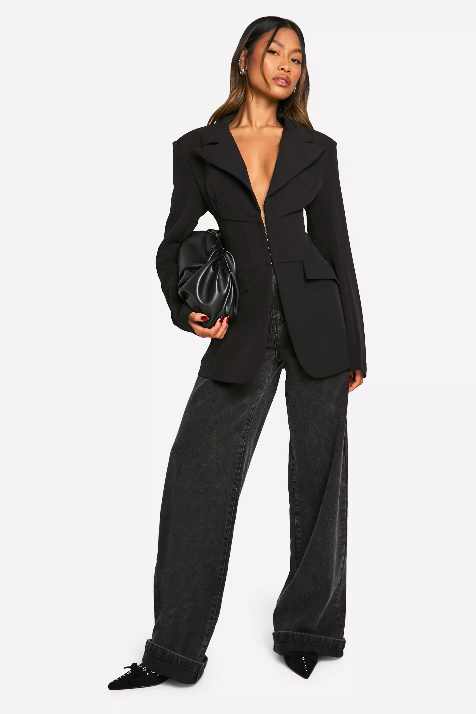 Black Seam Detail Cinched Waist Fitted Blazer صورة بديلة