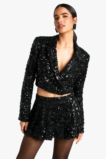 Premium Sequin Boucle Pleated Micro Mini Skirt black