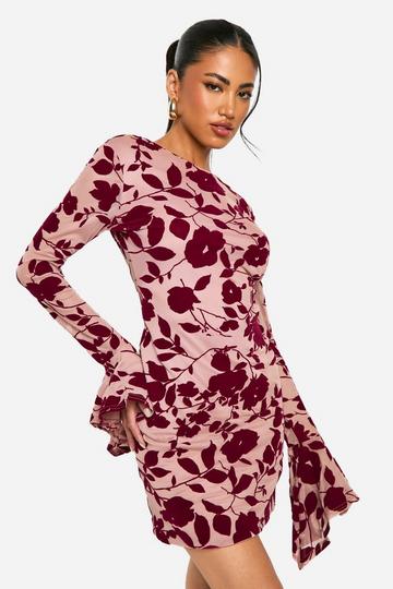 Plum Purple Devore Floral Frill Sleeve Mini Dress