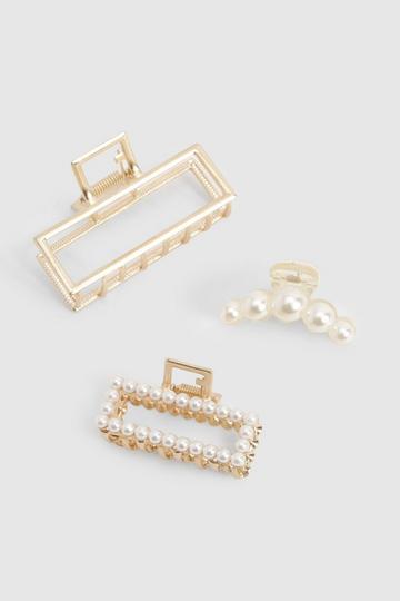 Gold Metallic Pearl Detail 3 Pack Claw Clips