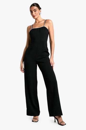 Wide Leg Strappy Diamante Jumpsuit black