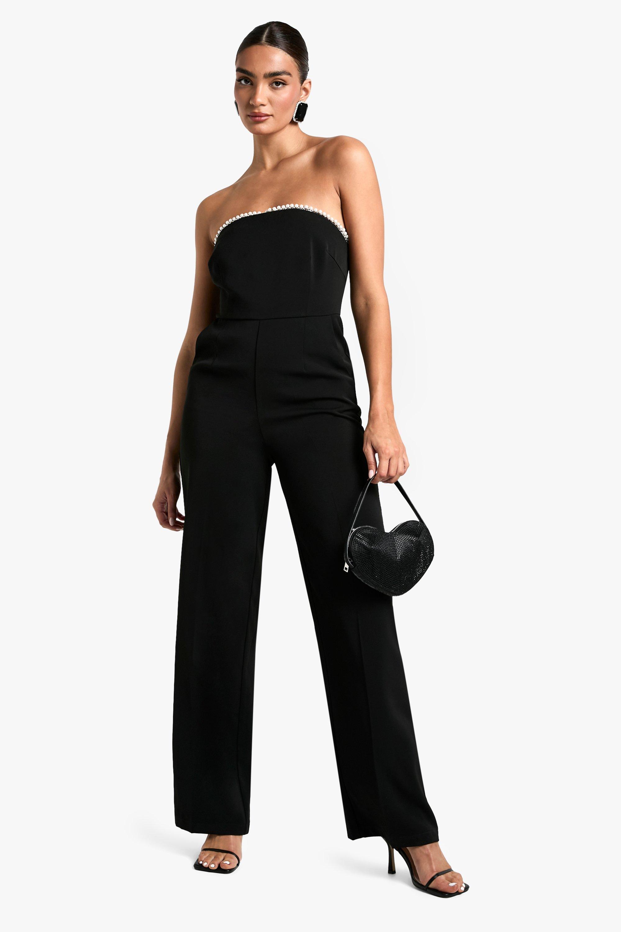 Boohoo Women s Pearl Trim Wide Leg Bandeau Jumpsuit