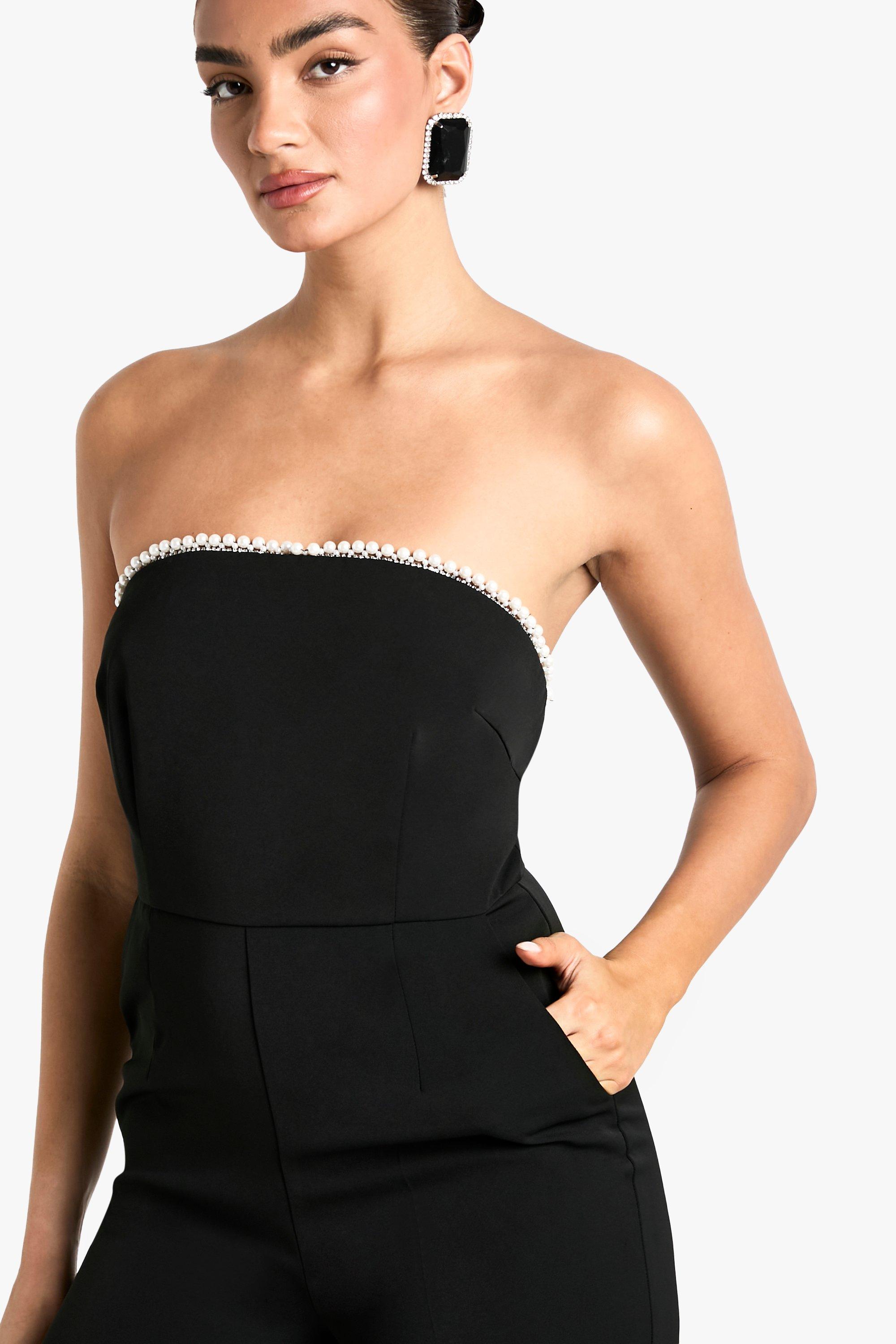 Boohoo Wide Leg Bandeau Jumpsuit with Pearl Trim