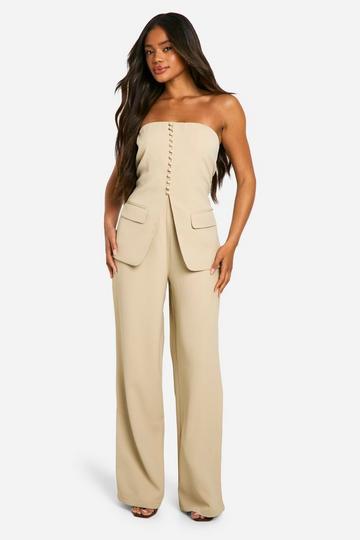 Stone Beige Tailored Bandeau Wide Leg Jumpsuit