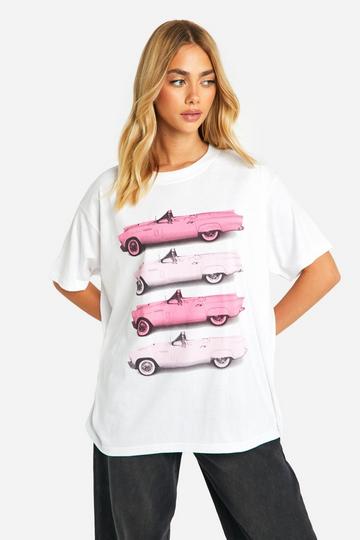 Pink Cars Printed Oversized T-shirt white