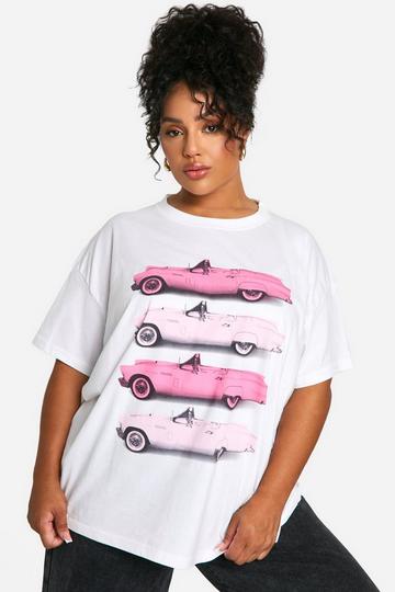 Plus Pink Cars Printed Oversized T-shirt white