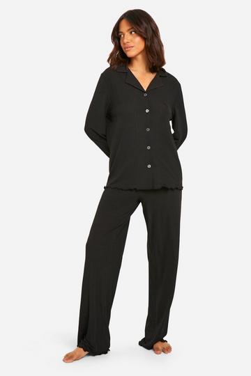 Rib Button Front Pants Pyjama Set black