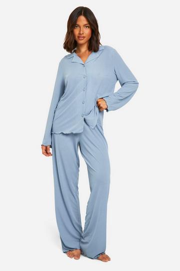 Rib Button Front Trouser Pyjama Set petrol