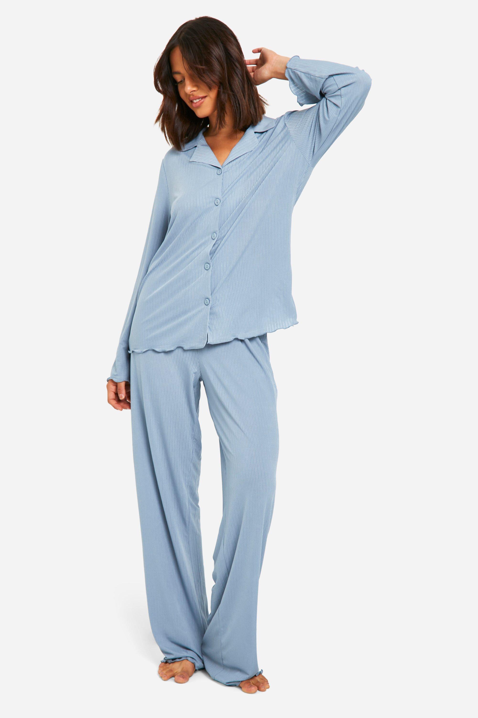 Rib Button Front Trouser Pyjama Set boohoo