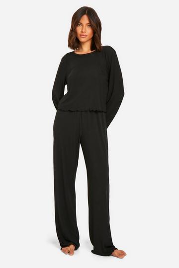 Textured Lettuce Hem Trouser Pyjama Set black