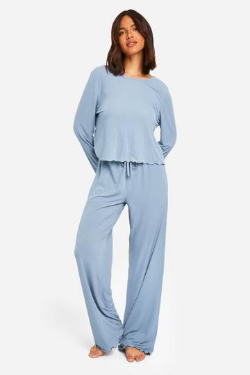 Textured Lettuce Hem Pants Pyjama Set petrol