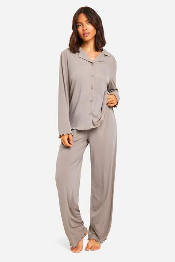 Rib Button Front Pants Pajama Set mocha