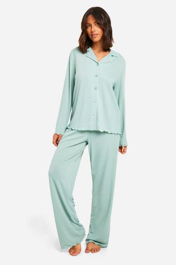 Sage Green Rib Button Front Trouser Pyjama Set