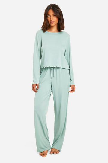 Rib Lettuce Hem Trouser Pyjama Set sage