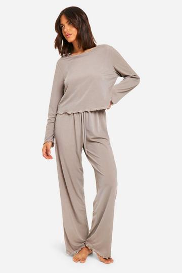 Rib Lettuce Hem Trouser Pyjama Set mocha