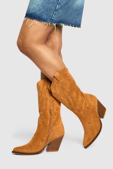 Tan Brown Embroidered Cowboy Boots