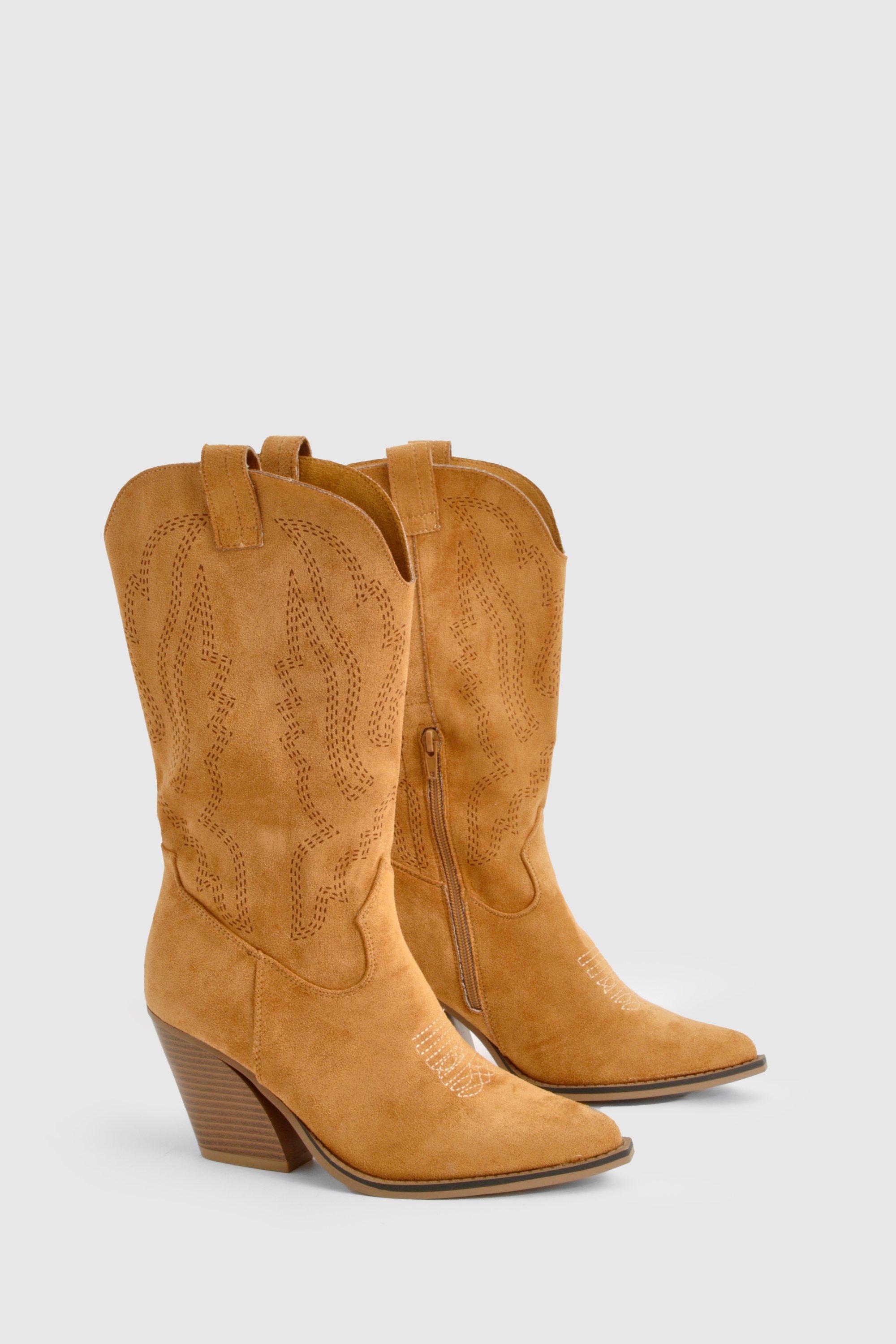 Faux Suede Embroidered Western Boots boohoo
