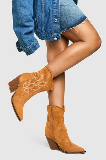 Embroidered Calf High Cowboy Boots tan