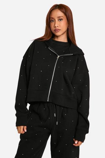 All Over Rhinestone Oversized Zip Through Hoodie black