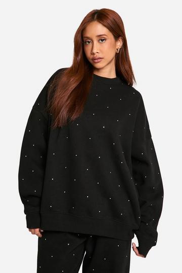 All Over Rhinestone Crew Neck Oversized Sweatshirt black