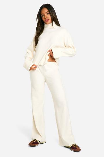 Stone Beige Brushed Rib Wide Leg Trousers