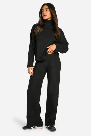 Geborstelde Geribbelde Wide Leg Broek black