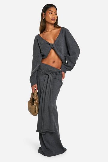 Brushed Rib Twist Front Long Sleeve Top & Maxi Skirt Set charcoal