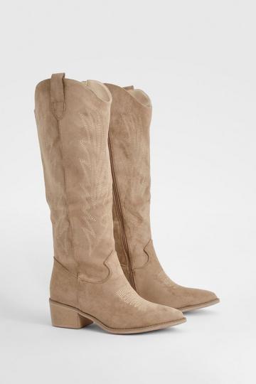 Embroidered Knee High Cowboy Boots taupe