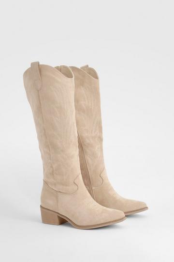 Beige Embroidered Knee High Cowboy Boots