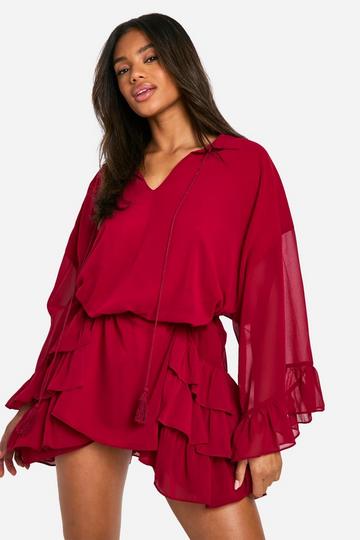 Ruffle Detail Smock Mini Dress burgundy