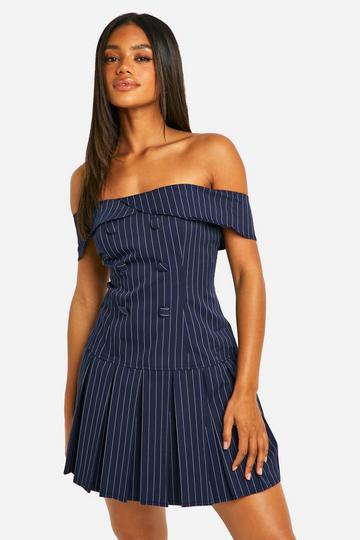 Stripe Off The Shoulder Tennis Skirt Dress navy