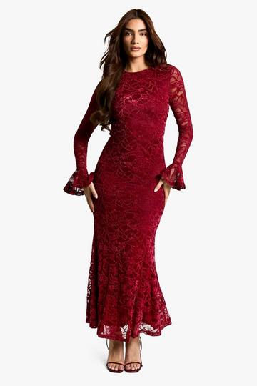 Red Velvet Lace Flare Sleeve Maxi Dress