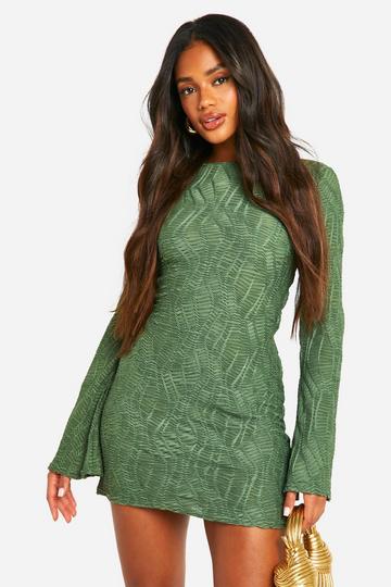 Green Textured Flare Sleeve Mini Dress