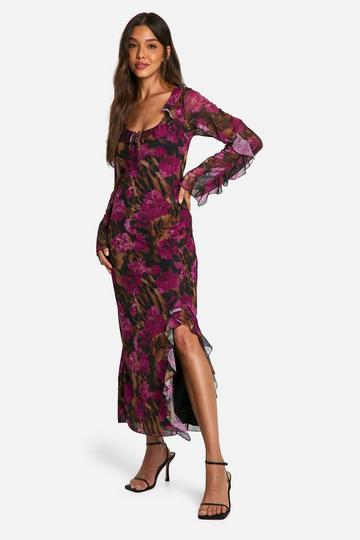 Floral Mesh Ruffle Midi Dress multi