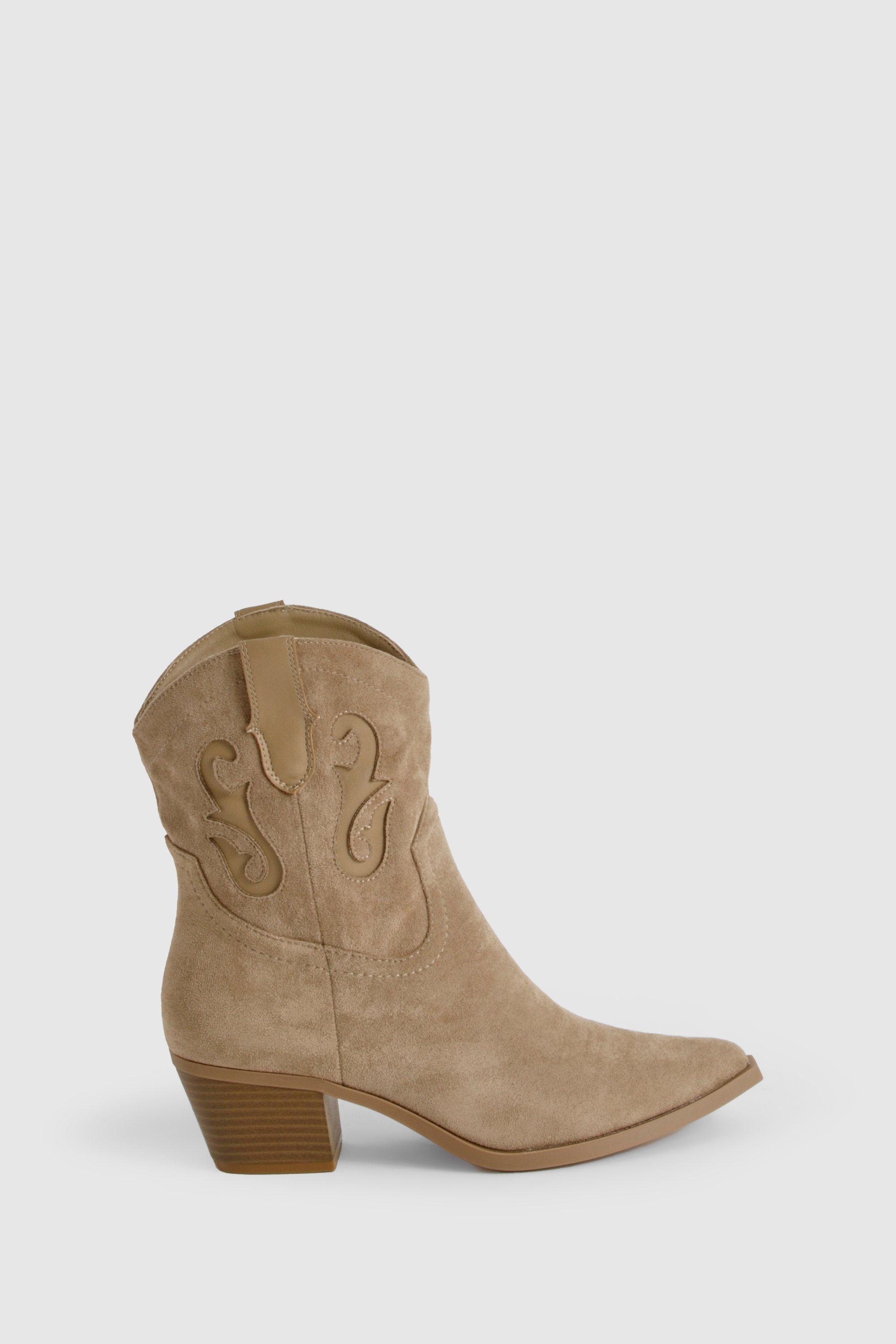 Boohoo Women s Faux Suede Ankle Western Cowboy Boots Beige