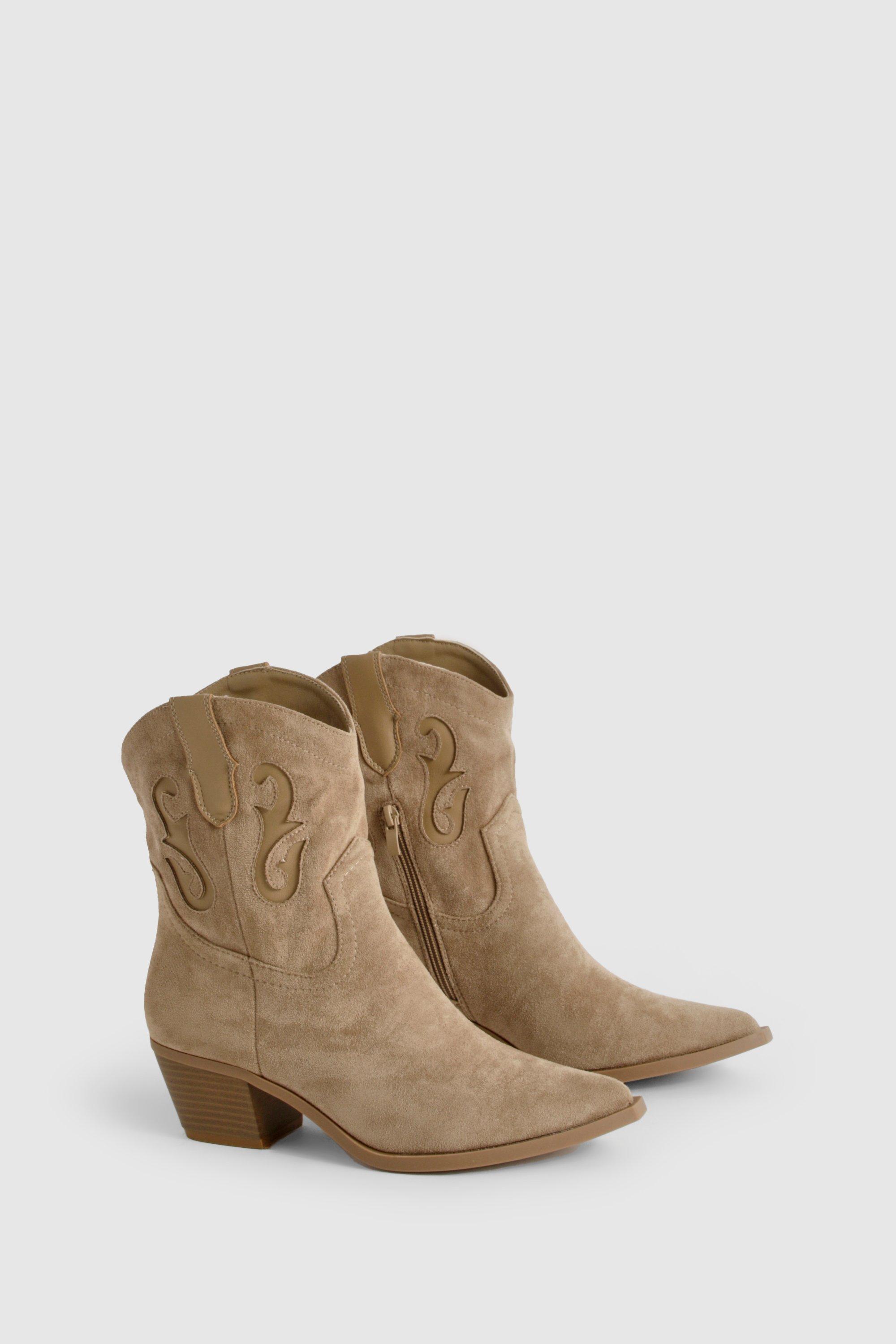 Boohoo Women s Faux Suede Ankle Western Cowboy Boots Beige