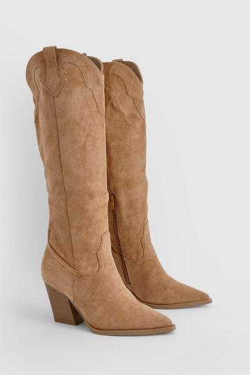 Faux Suede Tab Detail Western Cowboy Boots camel