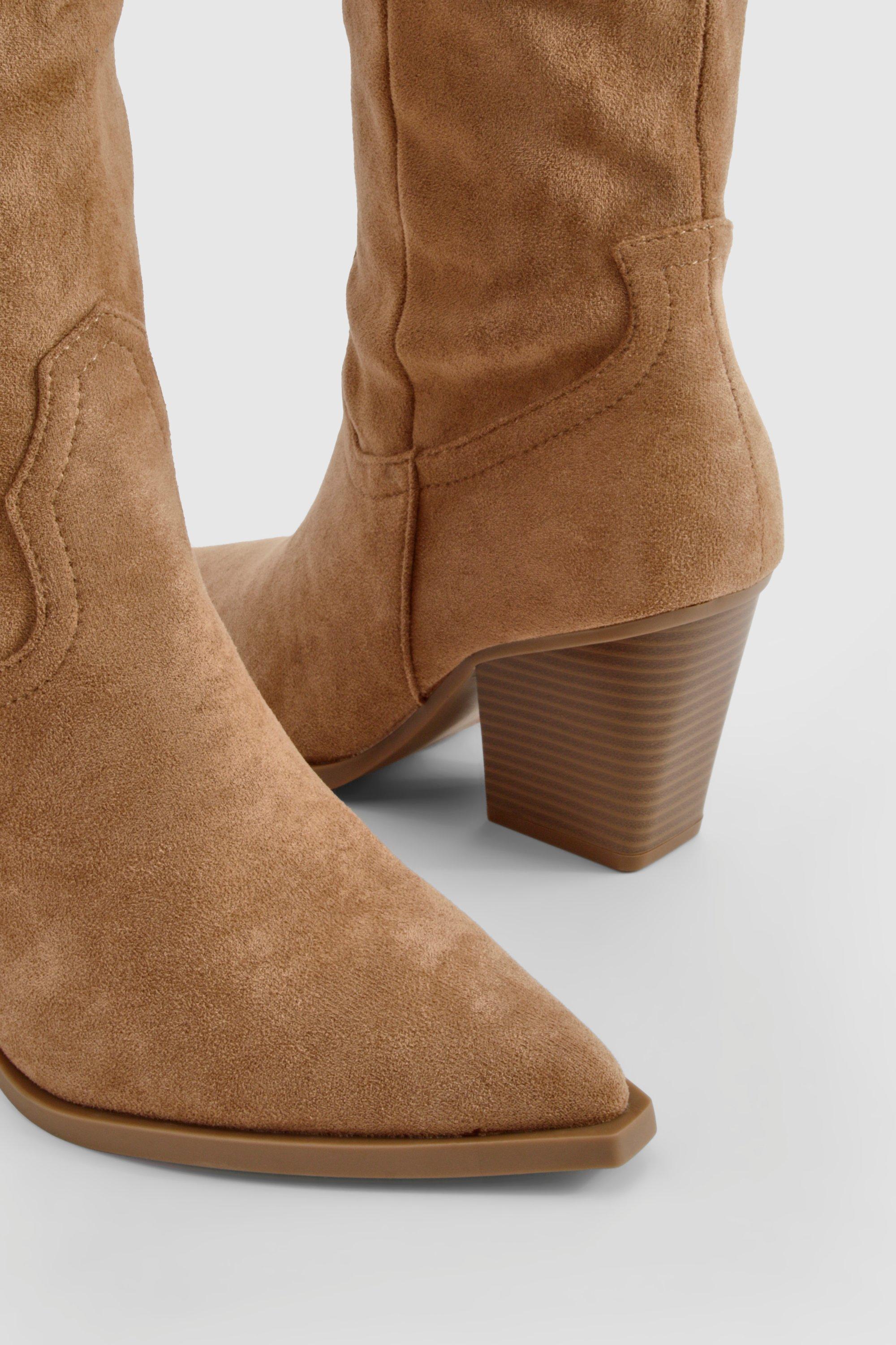 Boohoo Women s Faux Suede Tab Detail Western Cowboy Boots Beige
