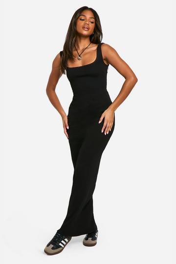 Black Lace Trim Rib Square Neck Maxi Dress