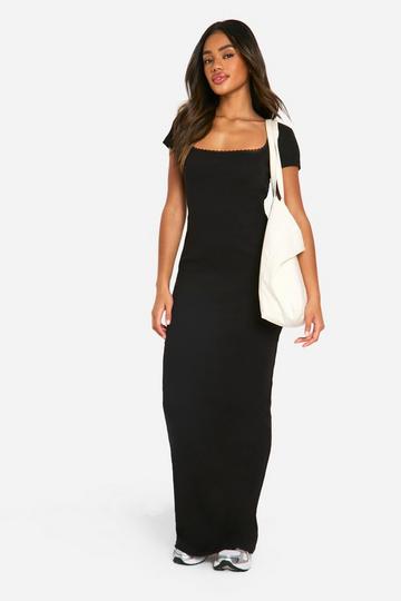 Geribbelde Maxi Jurk Met Kanten Zoom black