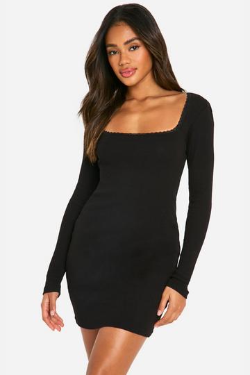 Lace Trim Rib Mini Dress black