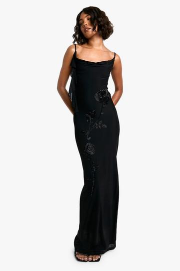 Tall Floral Hand Embellished Cowl Maxi Dress black