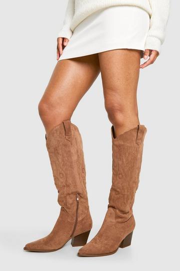 Faux Suede Embroidered Western Cowboy Boots camel