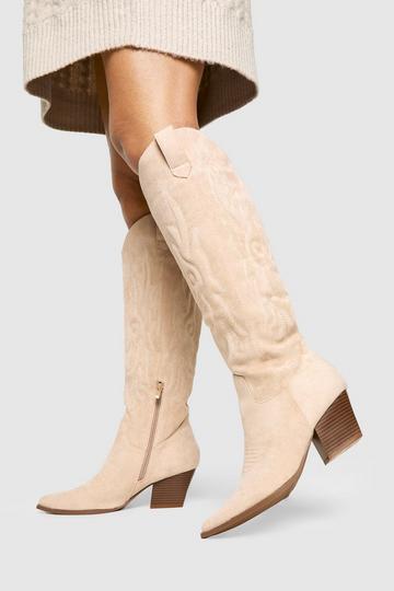 Faux Suede Embroidered Western Cowboy Boots beige