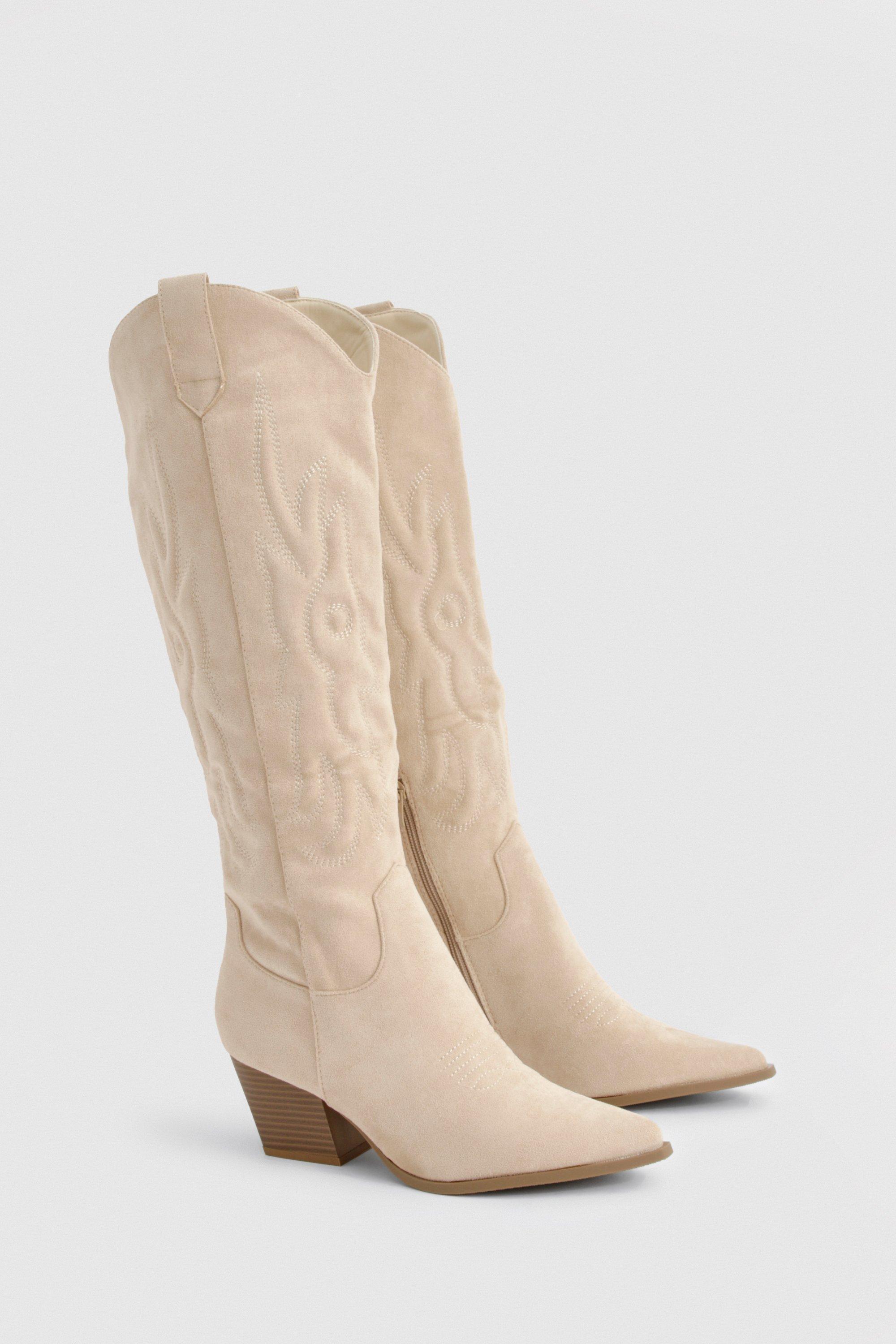 Beige Calf Length Western PU Cowboy Boots