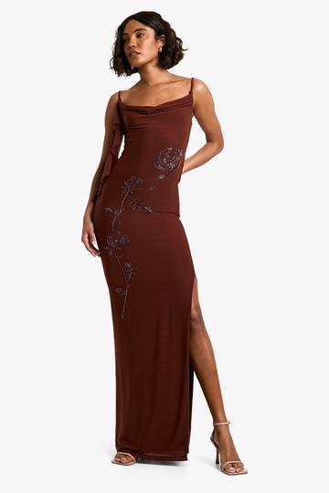 Tall Floral Hand Embellished Cowl Maxi Dress chocolate