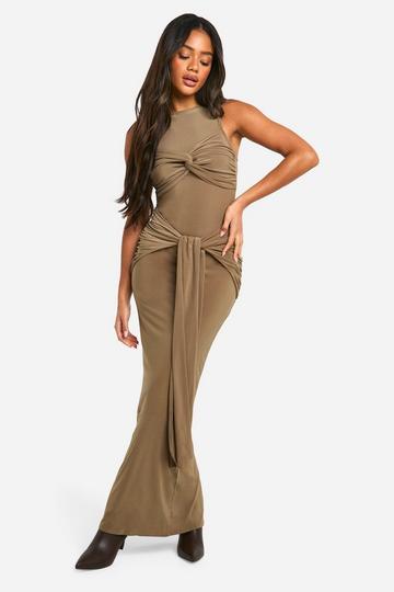 Ruched Twist Detail Racer Neck Maxi Dress mushroom