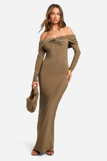 Ruched Twist Detail Bardot Maxi Dress mushroom